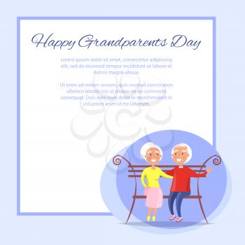 Happy grandparents day poster with senior couple sitting on bench together, old husband and wife together vector with place for text in frame