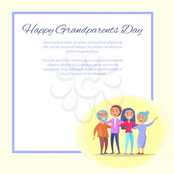 Happy grandparents day posters set with senior couple and their adult children having fun together. Vector illustration of family with text