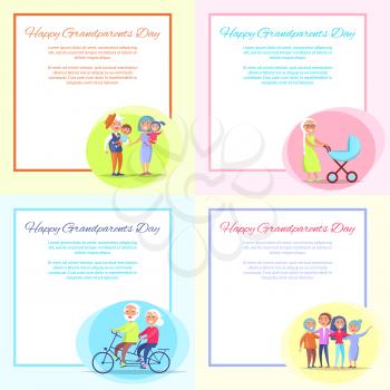Happy grandparents day posters set with happy senior couple holding babies, carrying pram, riding bike and having fun with children vector