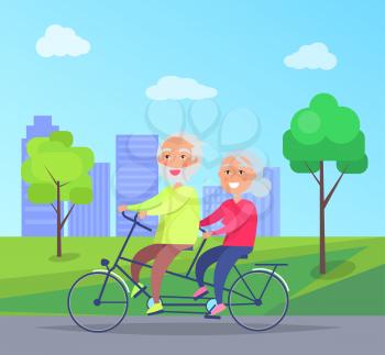 Happy mature couple riding together on bike on background of skyscrapers in city park vector illustration. Husband and wife on retirement