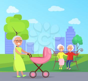 Middle-aged couple sitting on bench together, granny walk with newborn infant carrying her in pram on background of skyscrapers in city park vector