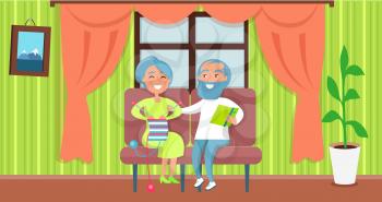 Happy grandparents day poster with senior lady knitting and gentleman reading on sofa, couple sit together in cosy house near window