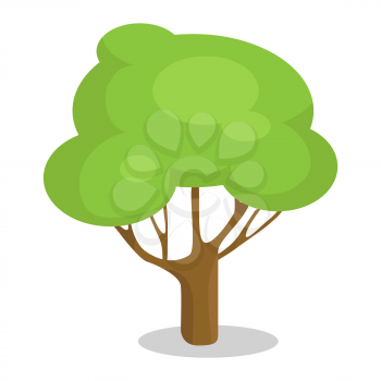 Green tree with brown trunk vector illustration icon isolated on white background. Colorful plant in flat design cartoon style