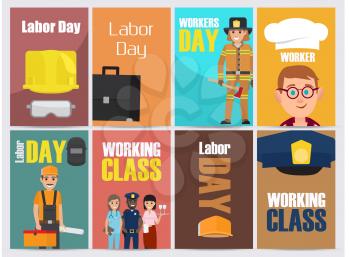 Labor Day, workers and working Class promotion posters collection. Banners with vector illustrations of most common jobs and repairing equipment.