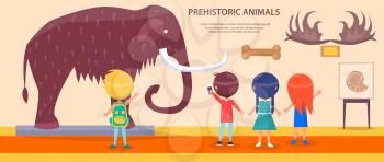 Children at prehistoric animals exhibition with huge mammoth, animal horns, ancient bones and picture of shell vector illustration.