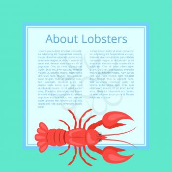 About lobsters, banner representing big icon of red lobster and filling form with text on white vector illustration isolated on azure