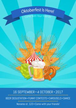 Oktoberfest is here Come with your friends, 16 september till 4 october, promo banner vector illustration isolated on striped background