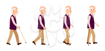Old man process of movement colorful vector illustrations set. Aged person with cane long thin stick with curved handle that can be use to help walk.