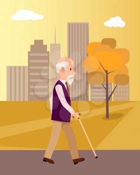 Senior man with walking stick in city park on background of skyscrapers vector illustration at suncet. National grandparents day poster