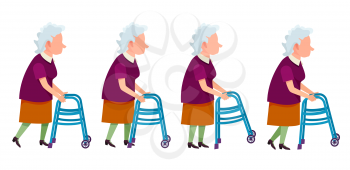 Elderly gray-haired woman moving with help of front-wheeled walker. Isolated vector illustration on white. Metal tool designed to assist walking