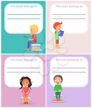Four colored bookplates with inscription this book belong to and image of small schoolchildren reading textbooks vector illustration.