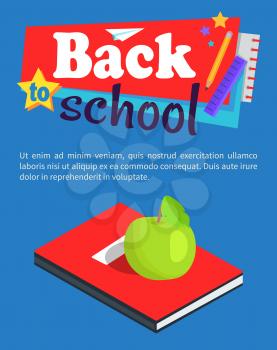 Back to school poster with red diary with place for name, apple on it vector illustration. Textbook in hardcover, encyclopedia material with healthy snack