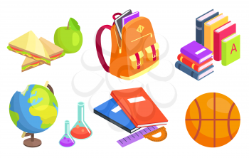 Collection of school objects isolated vector illustration. Cartoon style lunch meal, backpack, pile of books, globe maket, lab flasks and basketball ball