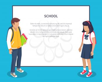 School children from secondary school with backpacks, vector illustrations isolated with place for text. Pupils cartoon characters