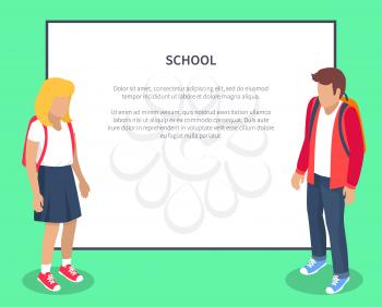 School pupils cartoon characters with place for text. Children from secondary school with backpacks, vector illustrations isolated