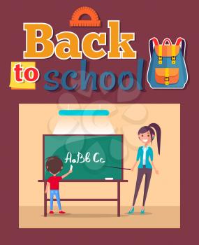 Back to school poster inscription with stationery elements. Language class in primary school, teacher stands with pointer, pupil writes ABC