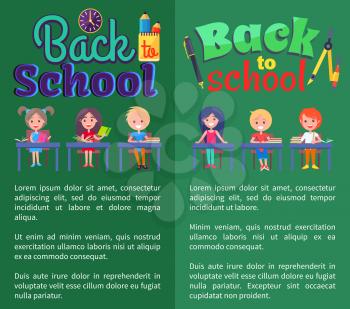 Back to school posters set with stationery objects as clock, cup with pen and pencil and schoolchildren sitting at desks vector illustrations on green