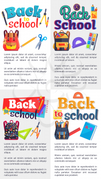 Back to school posters with stationery objects as rucksack bag, paints with brush, ABC book, scissors with rulers vector with text below