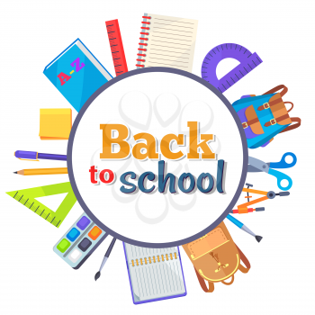 Back to school round banner surrounded by learning accessories as bags, pens and pencils, different rulers, clock and compass divider vector