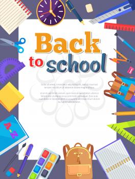 Back to school banner with learning accessories as bags, pens and pencils, different rulers, clock and compass divider vector illustrations with place for text