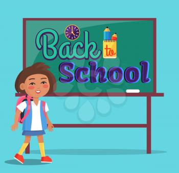 Back to school poster with inscription on blackboard. Boy studies at lesson, pupil with rucksack on bag in classroom vector illustration