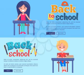 Back to school poster with inscription with compass divider and pencil, ballpoint pen web banners. Vector illustration of boy and girl sitting at desks