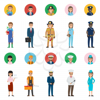 Vector of policeman and lifesaver, mariner and cook with ladle, stewardess and doctor, manager and builder with tool box, gardene and waiter