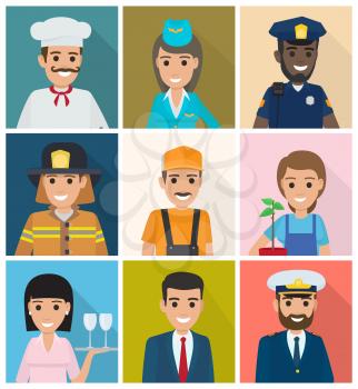 Vector of gardener with plant, manager and lifesaver, smiling stewardess, waiter with tray, whiskered builder, bearded mariner, cook and policeman