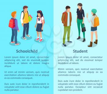 Schoolchild and student collection of posters with text. Isolated vector illustration of groups of boys and girls talking during break