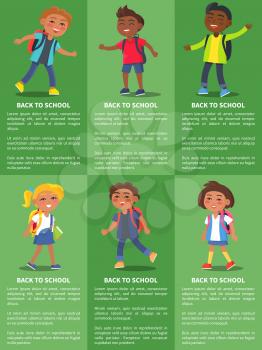 Back to school collection of posters with inscriptions. Isolated vector illustration of school-aged boys and girls on green background