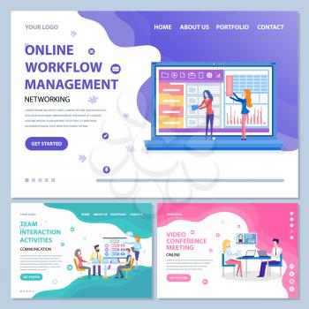 Online workflow management vector, people with screen and laptops on conference meeting of employees in office. Man and woman with board. Website or webpage template, landing page flat style