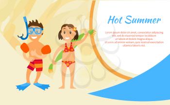 Hot summer vacation vector, poster with text, kids wearing scuba diving equipment and girl with towel. Children having fun by seaside beach in summertime