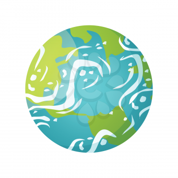 Earth globe vector, isolated icon of floating planet in space, celestial body with water and land, continents, sea and oceans, clouds and environment. Concept for Earth day