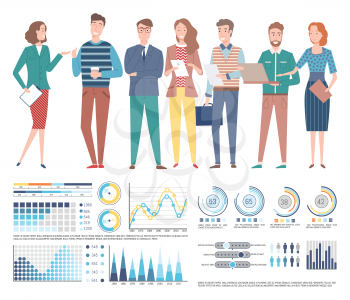 Charts and infographics vector, visualization and presentation of business concepts, man and woman with report on papers and document, flowcharts