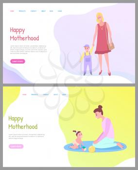 Parent holding child, family in casual clothes going together, mom and daughter playing with toys on mat, crawling child, caring motherhood vector. Website or webpage template, landing page flat style
