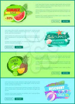 Summer sale watermelon and star, set of posters with text. Pineapple fruit slices and seashell on water. Discounts and seasonal proposition vector