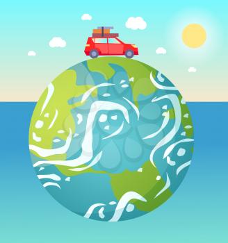 Earth planet floating in water vector, red car with baggage and luggage on roof riding, sunshine and fine weather, sky with clouds and sunshine flat style
