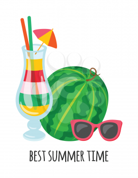 Best summer time greeting or lettering. Papercard decorated by watermelon, colorful cocktail with umbrella and tubule in glasses and sunglasses vector