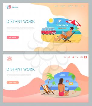 Freelance and distant online work set, people sitting on sand, using laptop on beach, ocean view. Freelancers and wireless device, summer vector. Website or webpage template, landing page flat style
