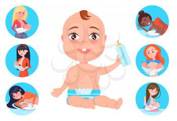 Baby with bottle wearing diaper, set of circled images, breast feeding, and motherhood, woman and females, vector illustration, isolated on white