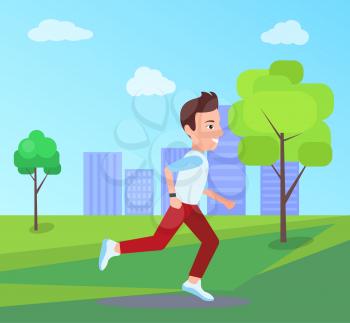 Man running at park in summer, male with smile jogging and leading healthy lifestyle, city with buildings and trees with clouds vector illustration