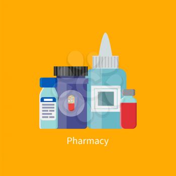 Pharmacy containers medication poster headline, drops bottles filled with liquids, package and capsule image vector illustration isolated on yellow