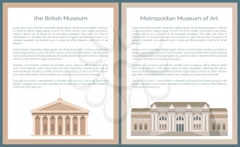 British and Metropolitan Museum of Art vector illustration of famous world heritage symbols, text sample, popular sightseeings set, landmark buildings