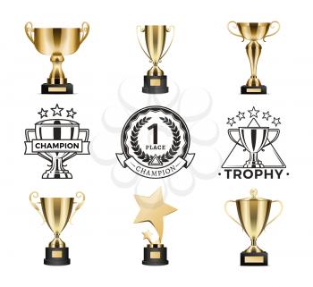 Champion awards golden cups set of different types, colorless badges winner trophy reward of leader, collection isolated on vector illustration