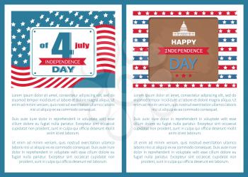 Happy independence day posters with text sample set, United States celebration of unity and democratic values, capitol building vector illustration