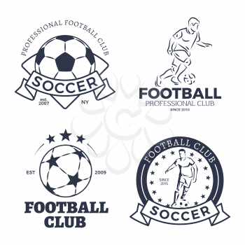 Soccer posters sport game set with headlines and ribbons. Awards for best football club and player. Male running with ball and stars vector illustration