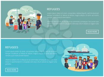 Refugees collection web pages having information about people immigrating to another country, muslims at airport, water transport vector illustration