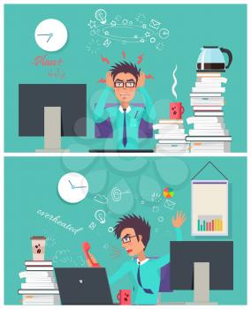 Stressed businessman collection, worker angry because of working problems and tasks, shouting at phone, unable to cope with anger vector illustration