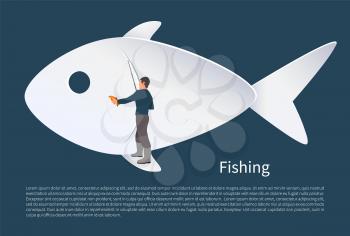 Fisherman with fish on background vector icon. Fisher fishing from flipper of fish icon with rod and just caught carp in hands sport and hobby theme