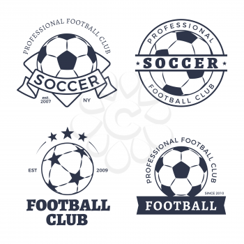 Soccer and football posters set headlines. Balls with stars pattern and patches. Club of players, banners with titles isolated on vector illustration